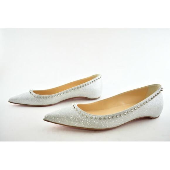 Christian Louboutin Anjalina Flat Silver Glitter Spike Pointed Ballerina 37.5 - Picture 3 of 12
